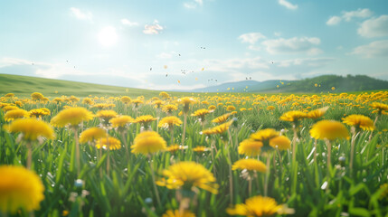 Fototapeta premium A vast field of blooming dandelions, with vibrant yellow flowers stretching endlessly across the landscape. A gentle breeze causes the seeds to float gracefully in the air, while a clear sky with soft