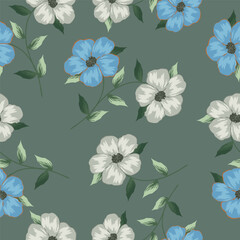 Floral seamless pattern with flowers on light blue background. Vector illustration