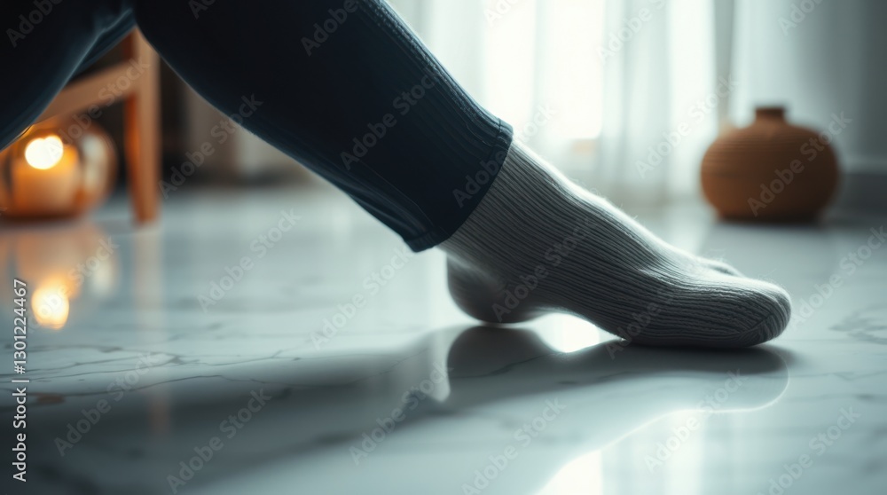 Poster socked foot resting on reflective surface in minimalist setting with calming neutral colors and soft