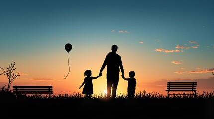 Father Watching Sunset With Daughter and Son in Scenic Park