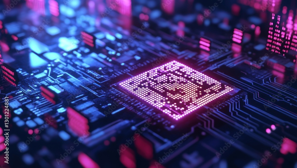 Poster glowing cpu on a circuit board.