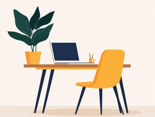 Sleek, modern workspace with a minimalist desk, laptop, and a single potted plant, work from home aesthetic, clean and fresh