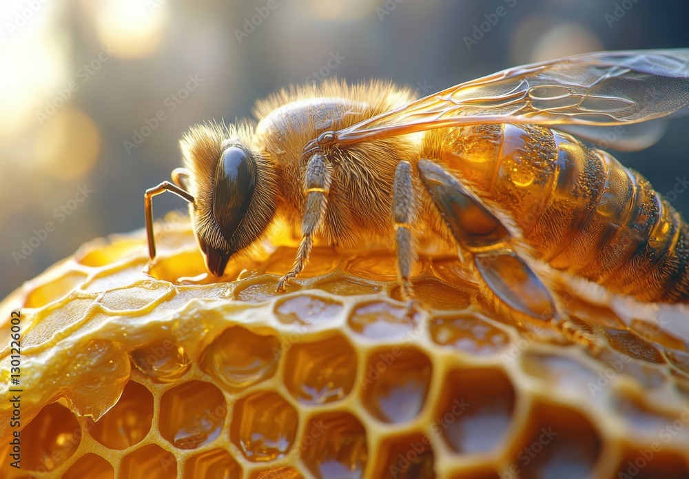 Poster close-up of a honey bee collecting nectar from a honeycomb cell in a natural environment with soft g