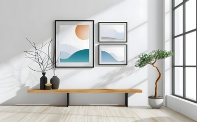 Modern luxury living room with abstract triptych paintings, contemporary elegant home interior, stylish minimalist decor, sophisticated neutral design, cozy refined lifestyle aesthetic
