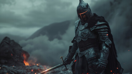 Obraz premium A dark fantasy warrior in intricate armor adorned with glowing runes, standing on a misty battlefield. The scene is filled with an atmosphere of mystique and danger. An epic cinematic shot captures th
