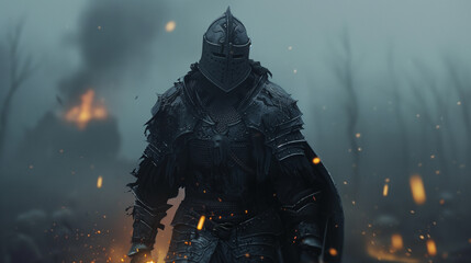 Fototapeta premium A dark fantasy warrior in intricate armor adorned with glowing runes, standing on a misty battlefield. The scene is filled with an atmosphere of mystique and danger. An epic cinematic shot captures th