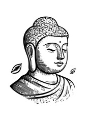 Vector engraved illustration of a serene Buddha head surrounded by leaves for product design inspiration