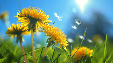 A charming garden filled with dandelions, clusters of bright yellow flowers in various stages of bloom, soft green grass and earthy tones. Dandelion seeds gently float in the air, with warm sunlight s