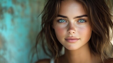 Fototapeta premium A young woman with flawless skin and piercing eyes exudes beauty and grace.