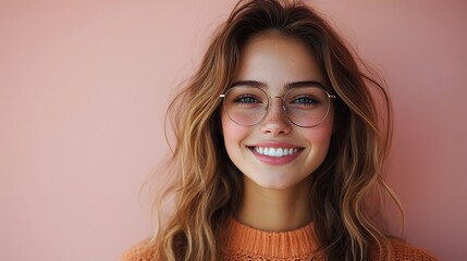 A young woman with stylish eyeglasses and wavy hair smiles brightly, exuding confidence.