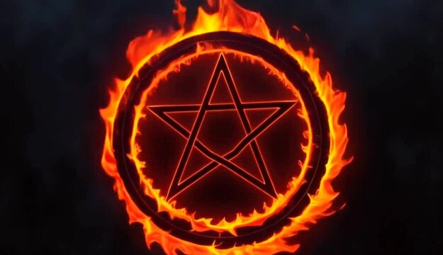 Burning Pentacle symbol in a circle. Fire animation pentagram symbol talisman pentacle esoteric pentagram. Pentacle red neon star amulet satanic pentagram amulet talisman. Esoteric talisman