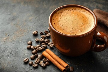 Fototapeta premium Warm Aromatic Coffee Cup Cinnamon Beans Brew