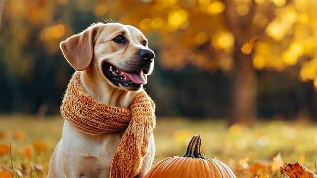 Autumnal Dog with Scarf and Pumpkin