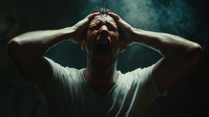 man shouting in frustration, hands gripping his head, intense expression, dark moody background