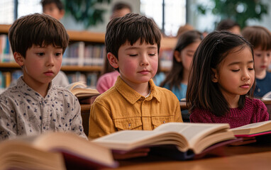 Obraz premium Children reading books in a library setting.