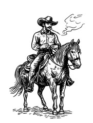Naklejka premium Cowboy riding a horse with smoke rising from his mouth in a vintage vector illustration for product design