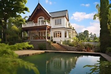 Fototapeta premium Old classic farmhouse style home with a large front yard and a view of the hill . Modern house on the hill. A home with a large front yard and a large front door. 