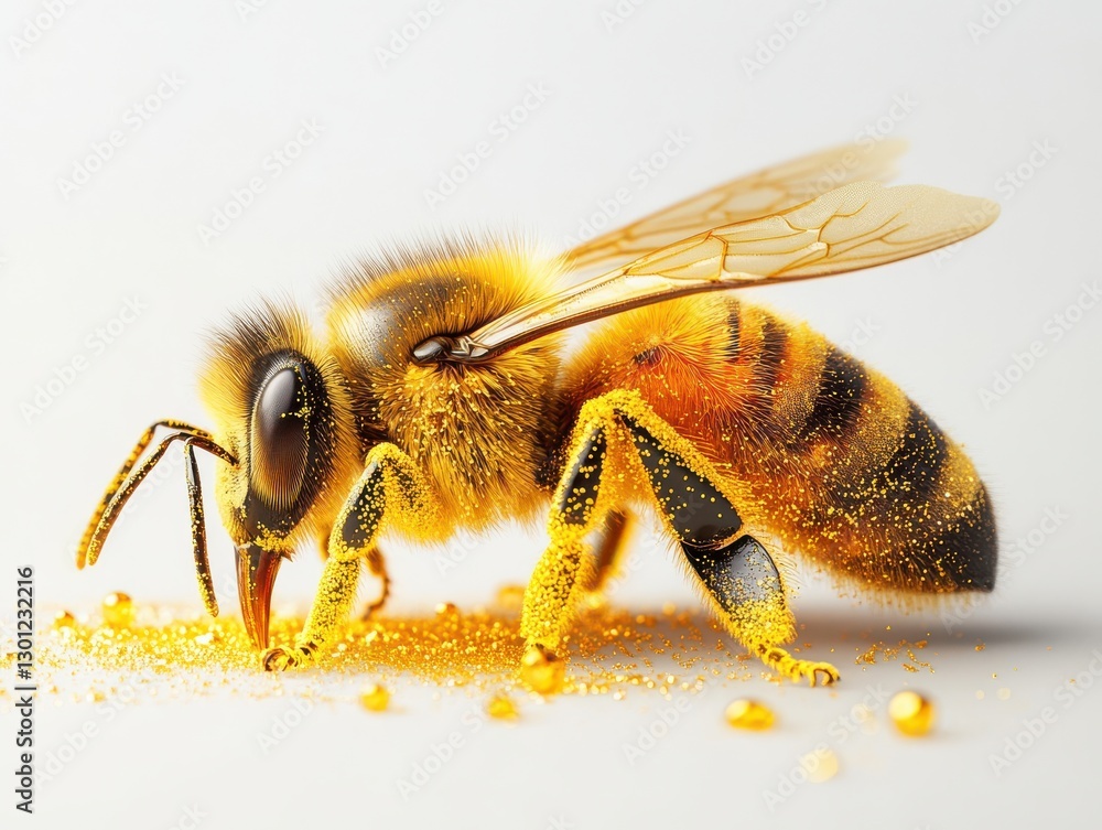 Poster close-up of a honey bee collecting pollen on a bright background with glittering particles and detai
