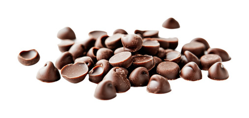 Naklejka premium Chocolate chips for baking in various shapes and sizes arranged on a white background, perfect for sweet creations and desserts, cut out