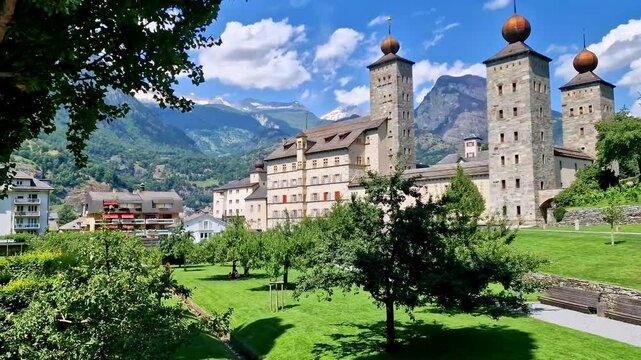 Switzerland travel and landmarks. Valais canton, Brig town. Impressive Stockalper castle with beautiful garden and park
4k hd video