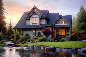 Naklejka premium Modern farmhouse style home with a large front yard and a view of the hill . Modern house on the hill. A home with a large front yard and a large front door. 