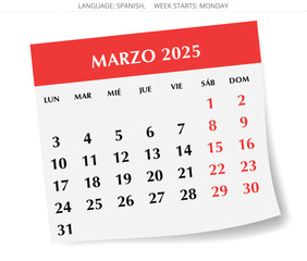 2025 Spanish march calendar - month marzo. Vector illustrations Spain