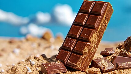 Close-up of a chocolate bar resting on sandy terrain with a vibrant blue sky backdrop