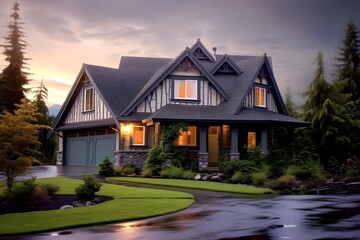 Modern farmhouse style home with a large front yard and a view of the hill . Modern house on the hill. A home with a large front yard and a large front door. 