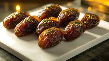 Obraz premium A combination of candied dates on a white porcelain serving board with sparkly edible gold accents