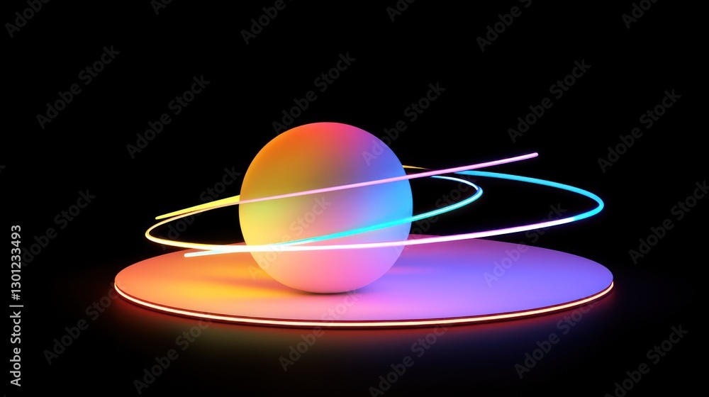 Poster abstract sphere and neon orbits on platform with vibrant colors