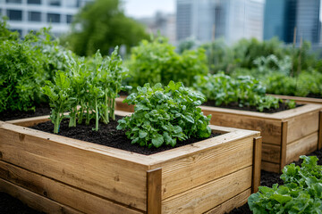 Urban rooftop garden with wooden planters featuring fresh leafy greens, set against a blurred cityscape, showcasing sustainable city agriculture.