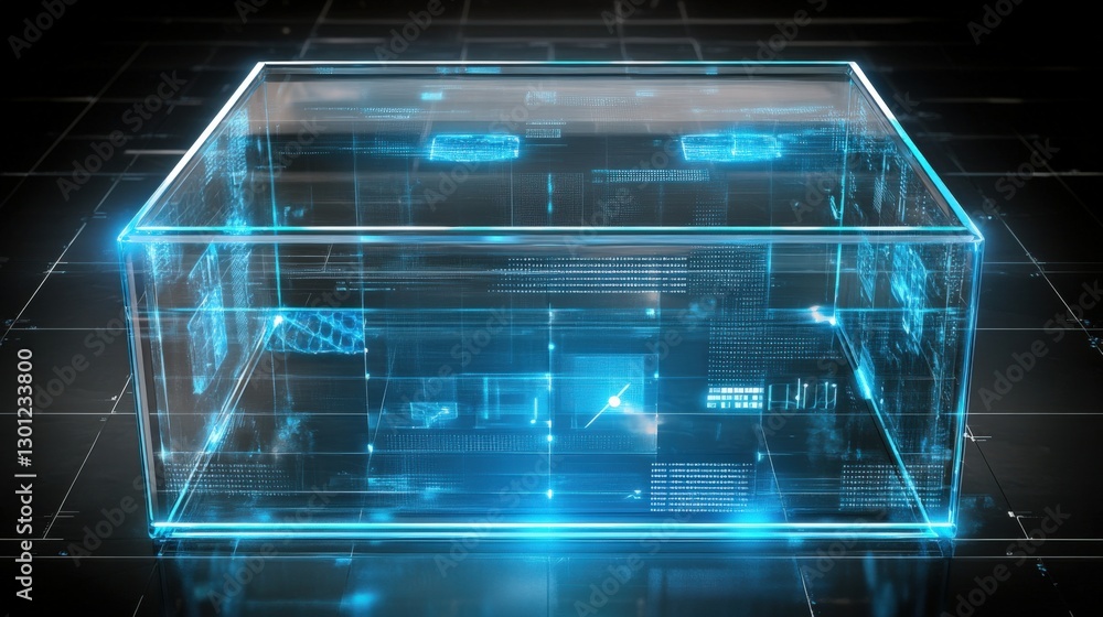 Poster innovative digital box displaying high-tech features virtual environment 3d graphics futuristic desi