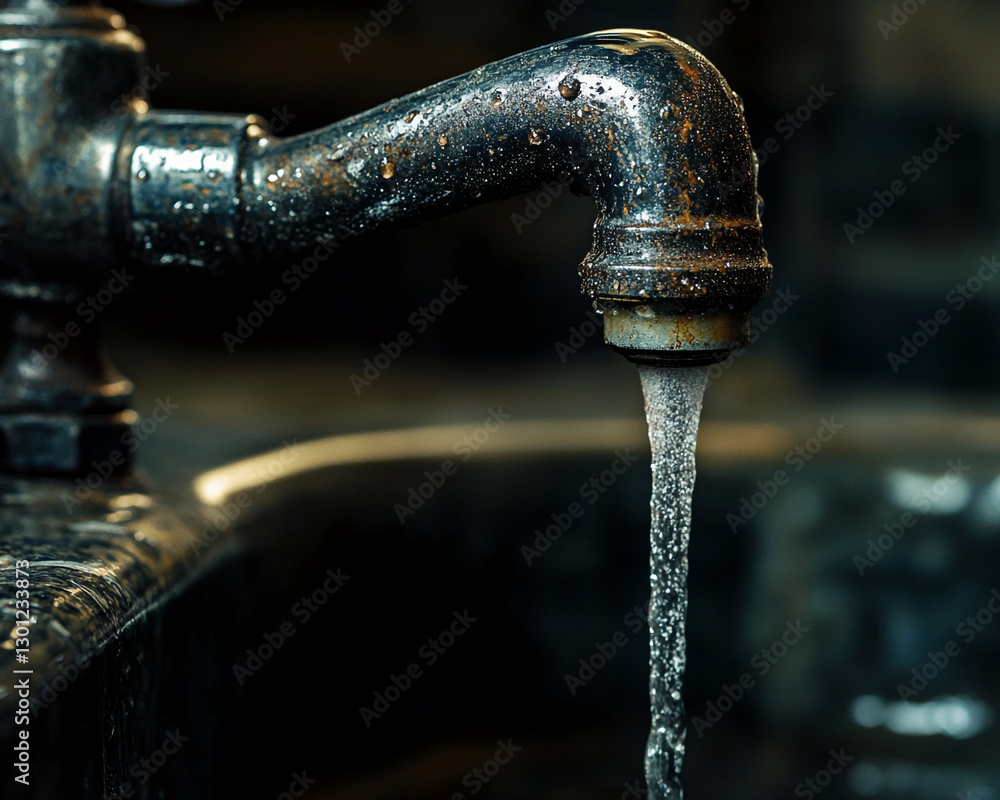 Poster close-up of a rusty faucet with water flowing, showcasing aging infrastructure and the effects of we