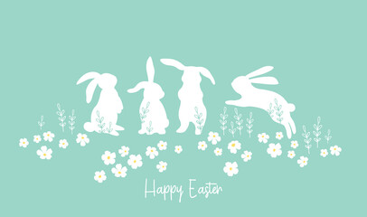 Cute hand drawn Easter seamless pattern with bunnies, flowers, easter eggs, beautiful background, great for Easter Cards, banner, textiles, wallpapers