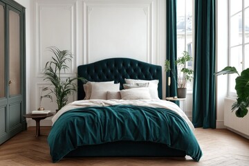 Elegant teal velvet bedroom with plants.