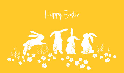 Cute hand drawn Easter seamless pattern with bunnies, flowers, easter eggs, beautiful background, great for Easter Cards, banner, textiles, wallpapers