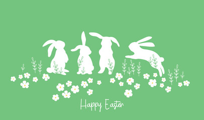 Cute hand drawn Easter seamless pattern with bunnies, flowers, easter eggs, beautiful background, great for Easter Cards, banner, textiles, wallpapers
