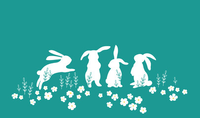 Cute hand drawn Easter seamless pattern with bunnies, flowers, easter eggs, beautiful background, great for Easter Cards, banner, textiles, wallpapers