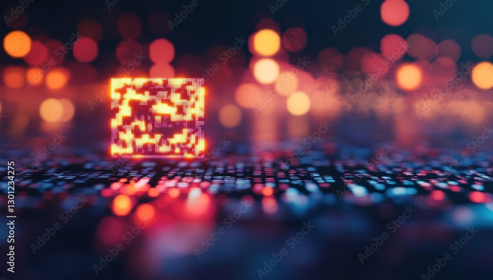 Poster glowing cube on digital surface with bokeh.