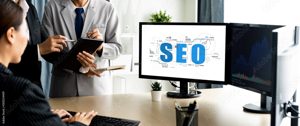 Aufkleber seo search engine optimization for brisk e-commerce and online retail business showing on computer s