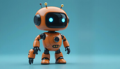 A Cute Orange Robot Taking Its First Steps Into A Bright Future Against A Serene Blue Backdrop