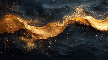 Fototapeta premium Abstract gold shimmer strokes on black, creating a hand-drawn frame with a modern, textured shape.