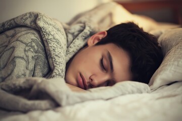 Obraz premium A teenage boy is cozily wrapped in a blanket, embracing a deep and restful sleep in his bedroom.