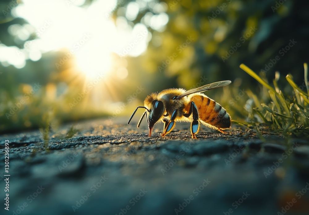 Aufkleber close-up of a honey bee on a pathway at sunset with bokeh effect and grass in the background capturi