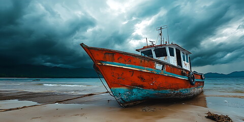 Fototapeta premium A photo of an old fishing boat on the beach