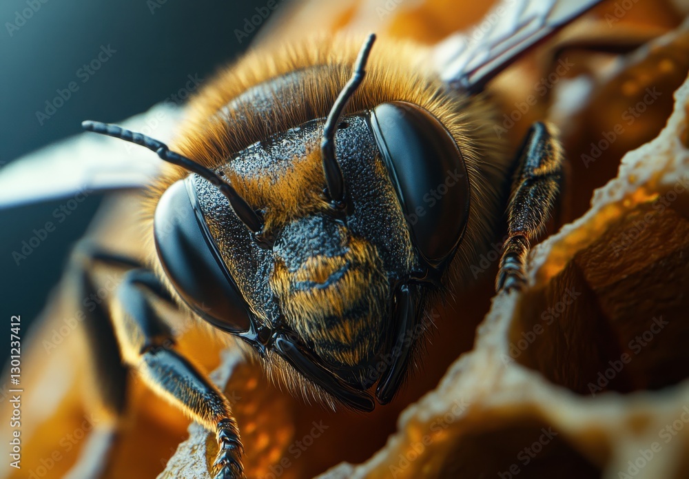 Poster close-up of a honey bee on honeycomb, detailed macro shot capturing intricate features and natural t