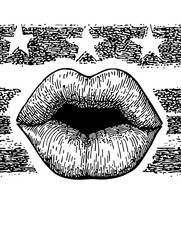 Vector engraved illustration featuring stylized lips with a backdrop of stars