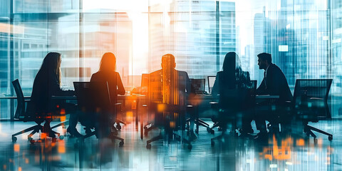 Double exposure of business meeting with colleagues discussing strategies and data analysis in a modern office setting
