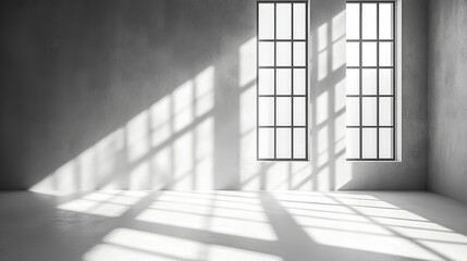 Obraz premium Abstract minimal empty black and white 3D room. Modern studio showcase with copy space, natural window shadows, and dappled light overlay effect.