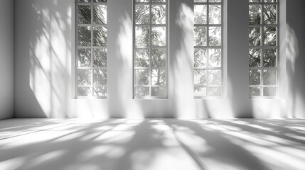 Obraz premium Abstract minimal empty black and white 3D room. Modern studio showcase with copy space, natural window shadows, and dappled light overlay effect.